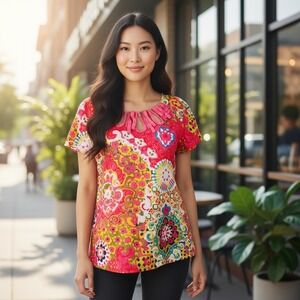 J. Crew Boho‎ Printed Blouse Size 6 Multicolor Cotton Ramie Pleated Keyhole Neck